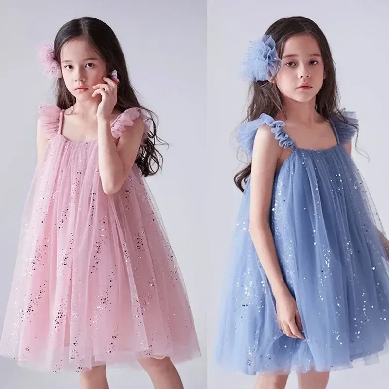 Summer Dress for Girl Pink Sling Mesh Girls Princess Dress 2024 New Children Birthday Party Dress 3-8Y Kids Girl Casual Clothing