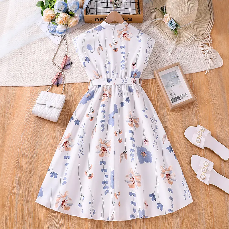 Kids Dress For Girls 8-12 Years Old Summer Girls White Printed Dress Birthday Trip Graduation Elegant Fashion Chaste Girl Dress