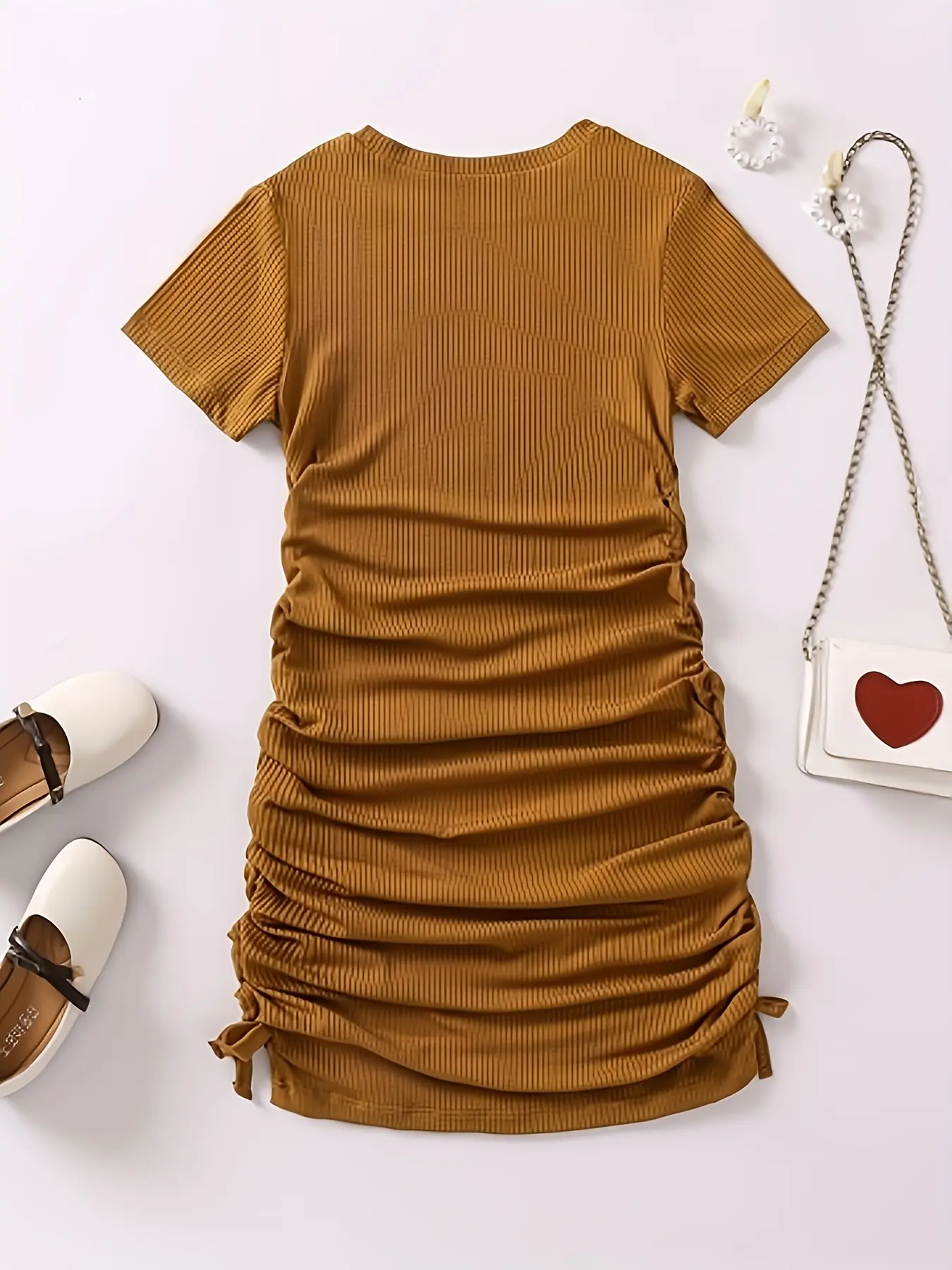 Brown Spice Girl pure fashion sexy dress heart print girl slim short sleeve drawstring pleated belly cover buttock dress summer