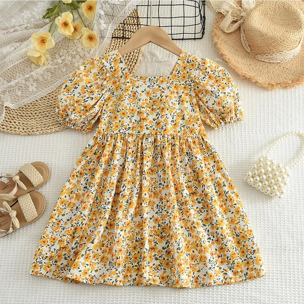 Girls Summer Casual Puff Sleeve Square Collar Sweet Cute Flower Print Princess Dress 1 Pc 3-7 Years Kids Party Fashion Clothing
