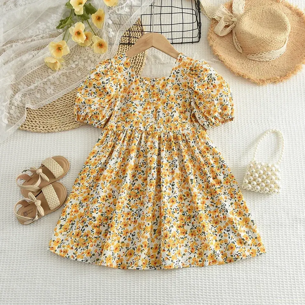 Girls Summer Casual Puff Sleeve Square Collar Sweet Cute Flower Print Princess Dress 1 Pc 3-7 Years Kids Party Fashion Clothing
