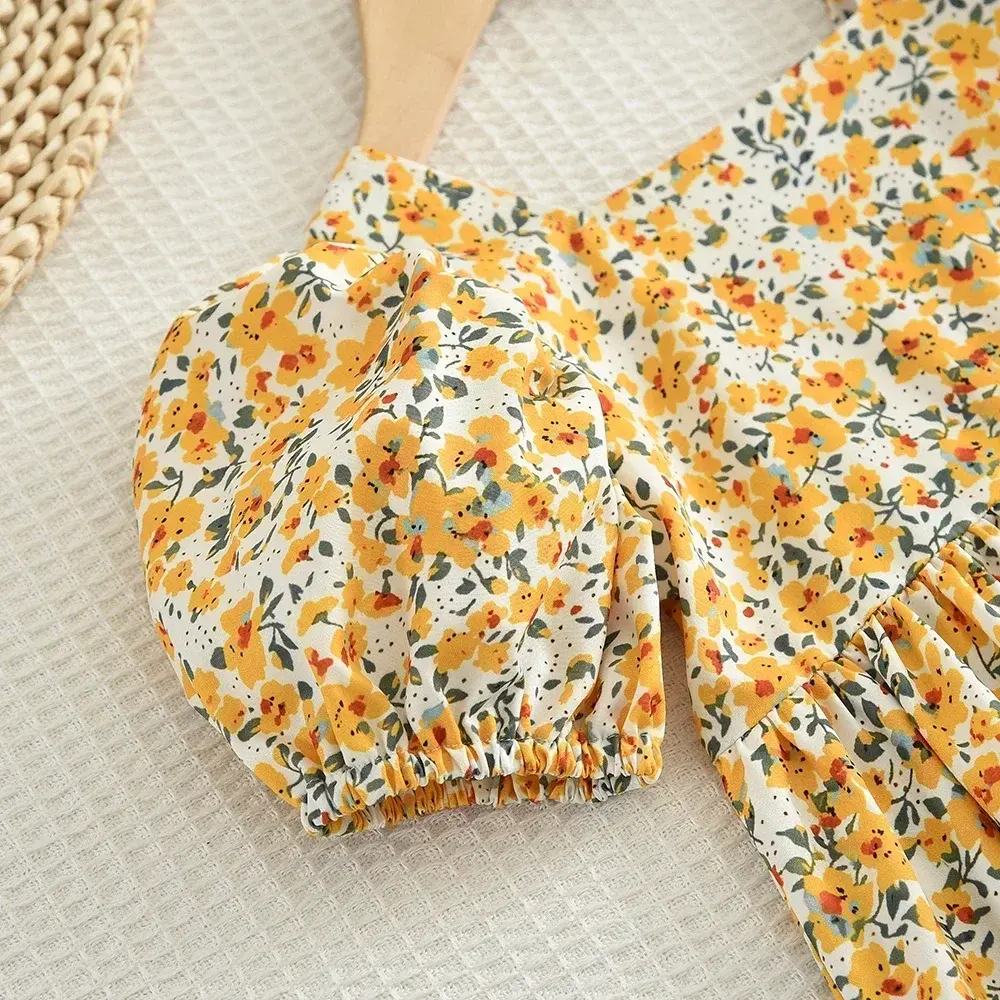 Girls Summer Casual Puff Sleeve Square Collar Sweet Cute Flower Print Princess Dress 1 Pc 3-7 Years Kids Party Fashion Clothing