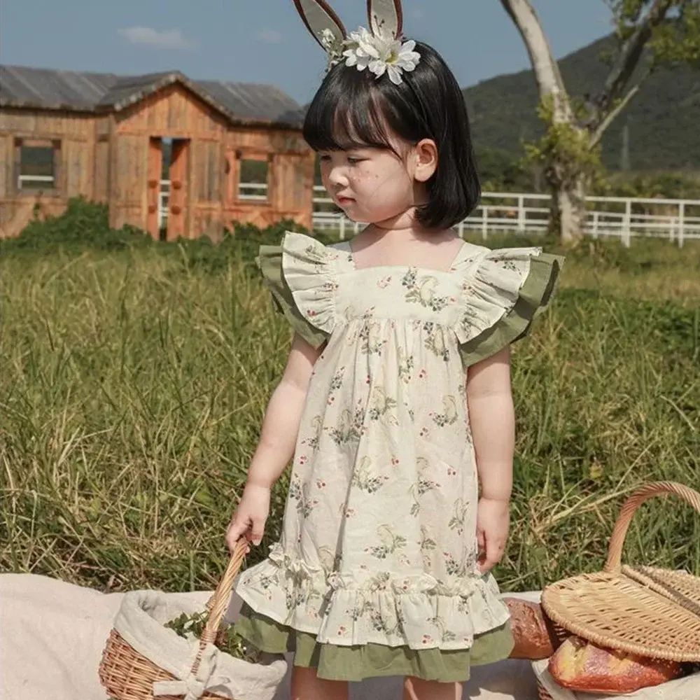 Summer Fashion New Girls Cute Bow Decoration Clothes Square Neck Print Sweet A-Line Dress 1 Pc 3-7 Years Kids Casual Clothing