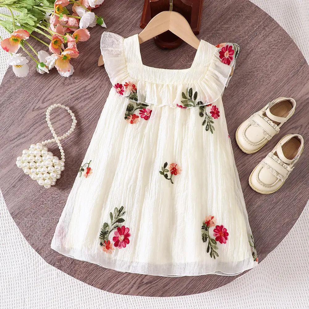 Summer Kids Fashion Sweet Cute Flower Embroidered Sleeveless Loose Dress 1 Pc 2-7 Years Girls Vacation Casual Clothes