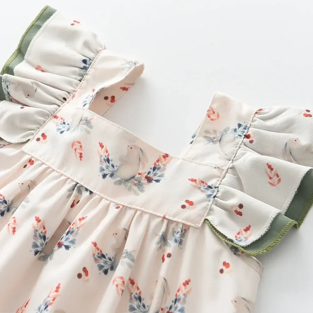 Summer Fashion New Girls Cute Bow Decoration Clothes Square Neck Print Sweet A-Line Dress 1 Pc 3-7 Years Kids Casual Clothing