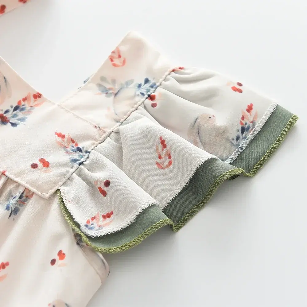 Summer Fashion New Girls Cute Bow Decoration Clothes Square Neck Print Sweet A-Line Dress 1 Pc 3-7 Years Kids Casual Clothing