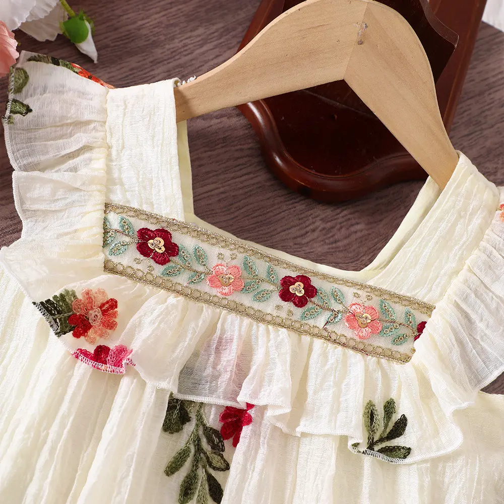 Summer Kids Fashion Sweet Cute Flower Embroidered Sleeveless Loose Dress 1 Pc 2-7 Years Girls Vacation Casual Clothes