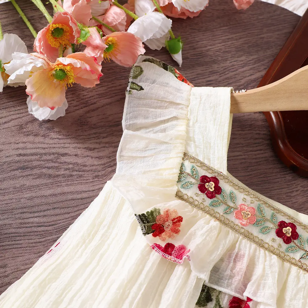 Summer Kids Fashion Sweet Cute Flower Embroidered Sleeveless Loose Dress 1 Pc 2-7 Years Girls Vacation Casual Clothes