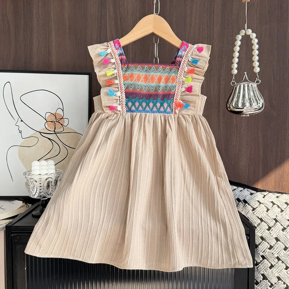 Kids Summer Fashion Sleeveless Square Collar Ruffle Colorful Tassel Decoration Dress 1 Pc 3-7 Years Girls Casual Clothing