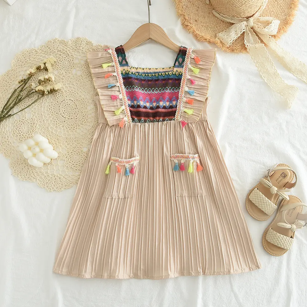 Kids Summer Fashion Sleeveless Square Collar Ruffle Colorful Tassel Decoration Dress 1 Pc 3-7 Years Girls Casual Clothing