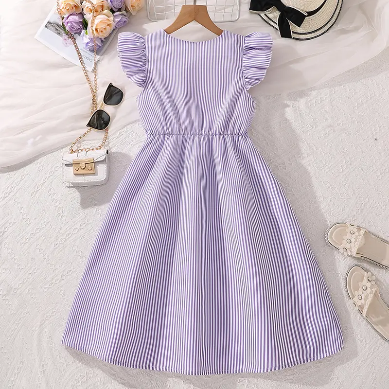 Children's Summer Clothes Casual Daily Style Suits Birthday Party Pageant Dress Striped V-neck Dress For 8-12 Years Kids Girls