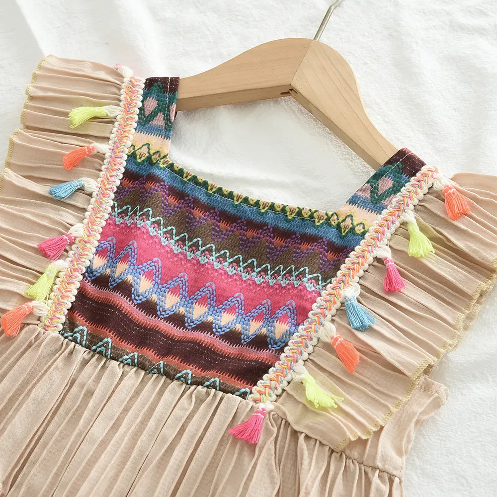 Kids Summer Fashion Sleeveless Square Collar Ruffle Colorful Tassel Decoration Dress 1 Pc 3-7 Years Girls Casual Clothing