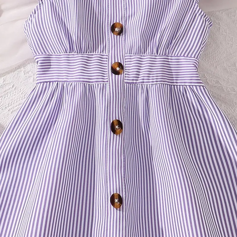 Children's Summer Clothes Casual Daily Style Suits Birthday Party Pageant Dress Striped V-neck Dress For 8-12 Years Kids Girls
