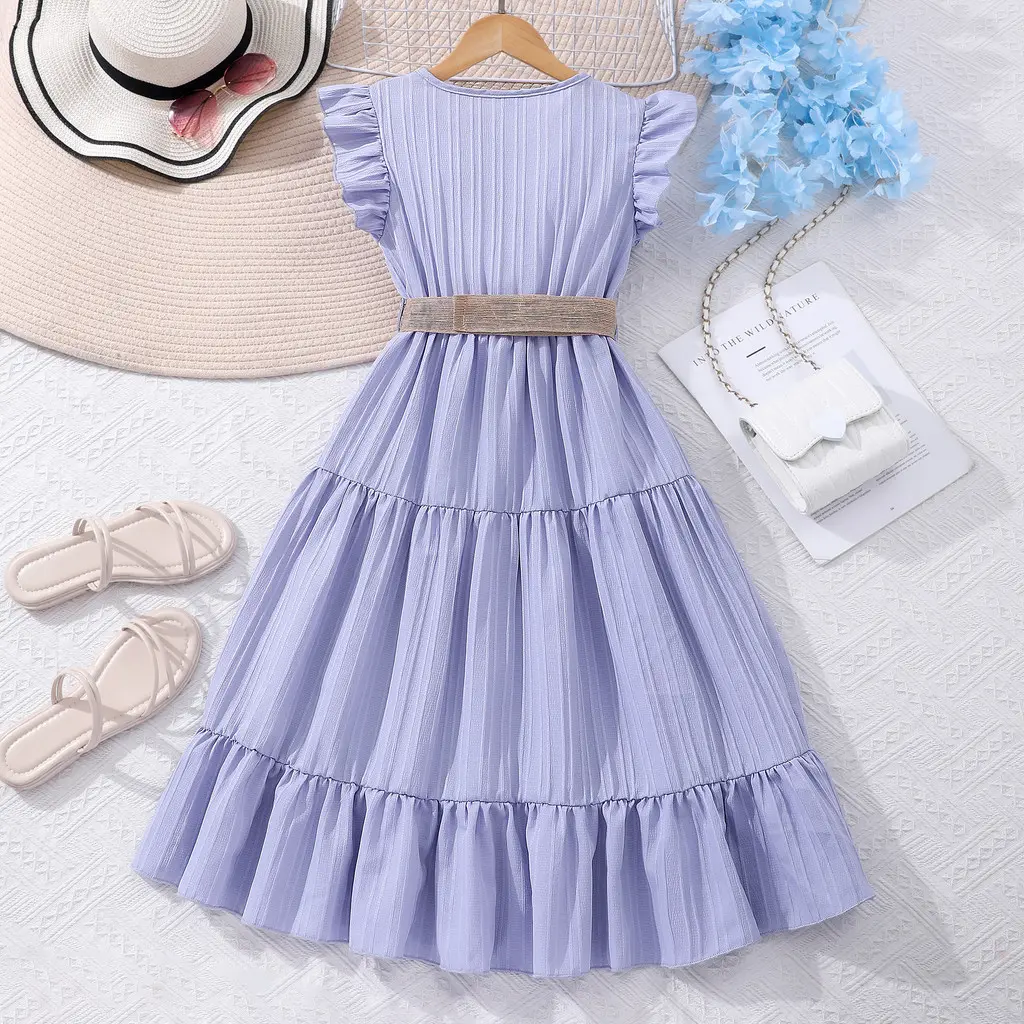 【Free Belt】Children Dress Teens Girls Clothing Short Sleeve 8 9 10 11 12 Years Summer Simple Graceful Ruffled Kids Girl Dress