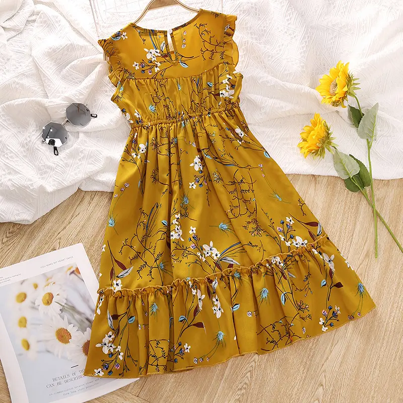 Baby girl Sleeveless vest dress Girl's very elegant plant floral print patchwork dress children's clothing skirt