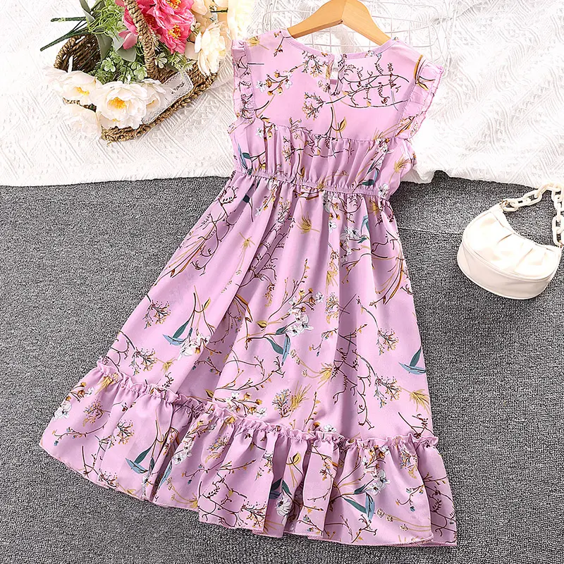 Dress Kids Girls 5-12 Years Blue Green Purple Sleeveless Floral Dress For Girls Elegant Vacation Holiday Party Dress