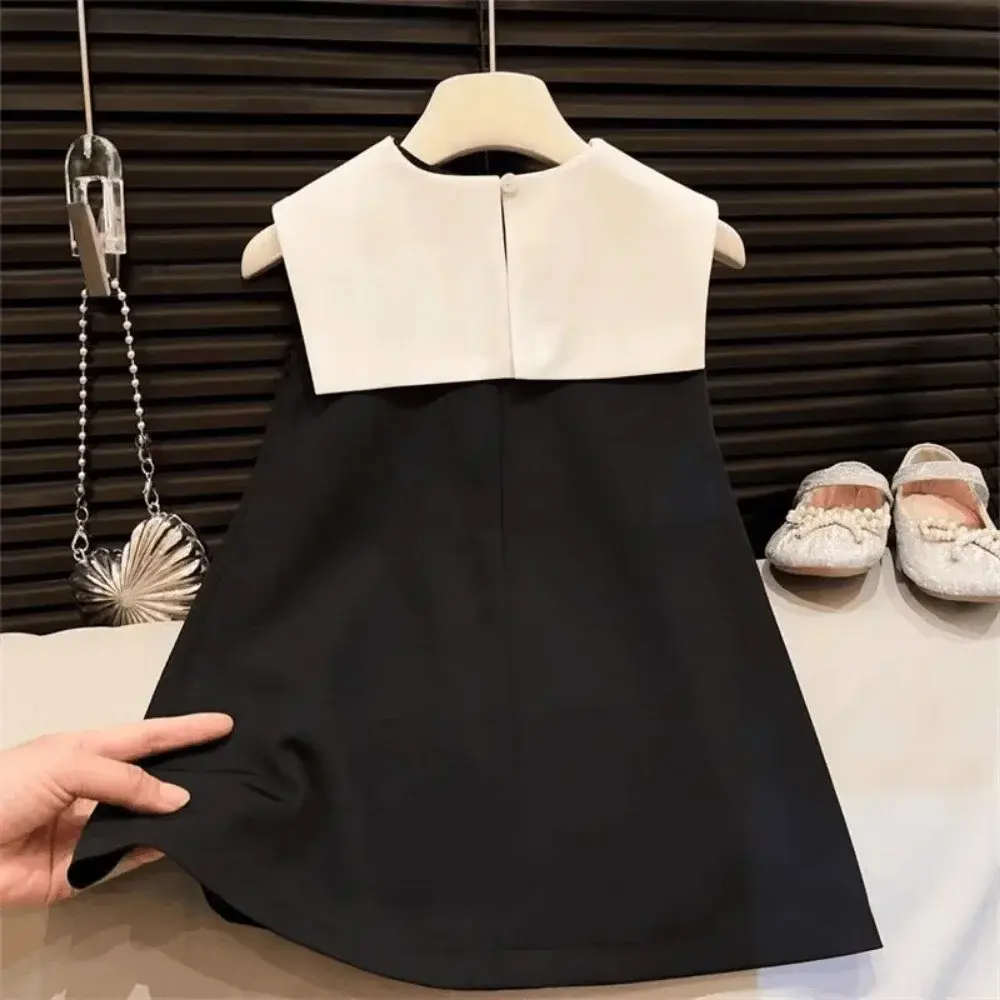 Black and White Fashionable Summer New Girls' Casual Clothes Lapel Bow Pearl Single Breasted Sleeveless Dress Korean Version