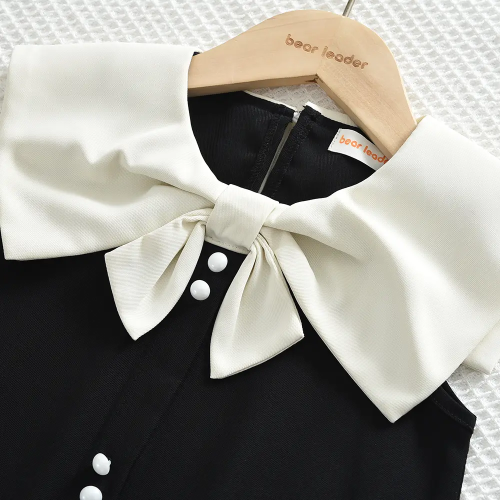 Black and White Fashionable Summer New Girls' Casual Clothes Lapel Bow Pearl Single Breasted Sleeveless Dress Korean Version