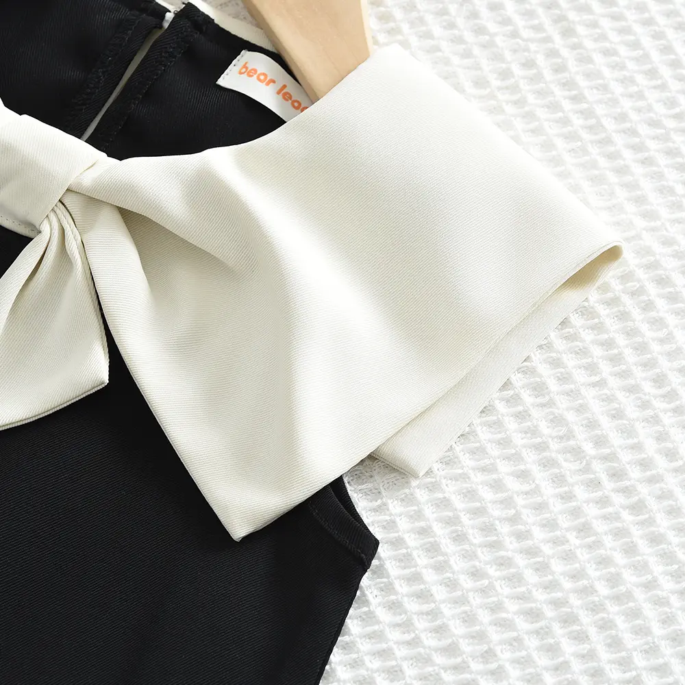 Black and White Fashionable Summer New Girls' Casual Clothes Lapel Bow Pearl Single Breasted Sleeveless Dress Korean Version