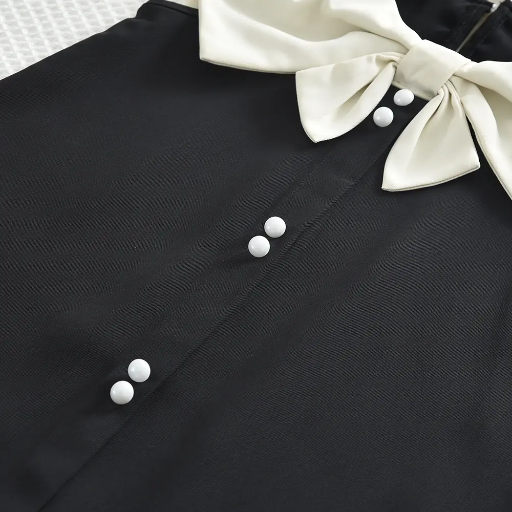 Black and White Fashionable Summer New Girls' Casual Clothes Lapel Bow Pearl Single Breasted Sleeveless Dress Korean Version