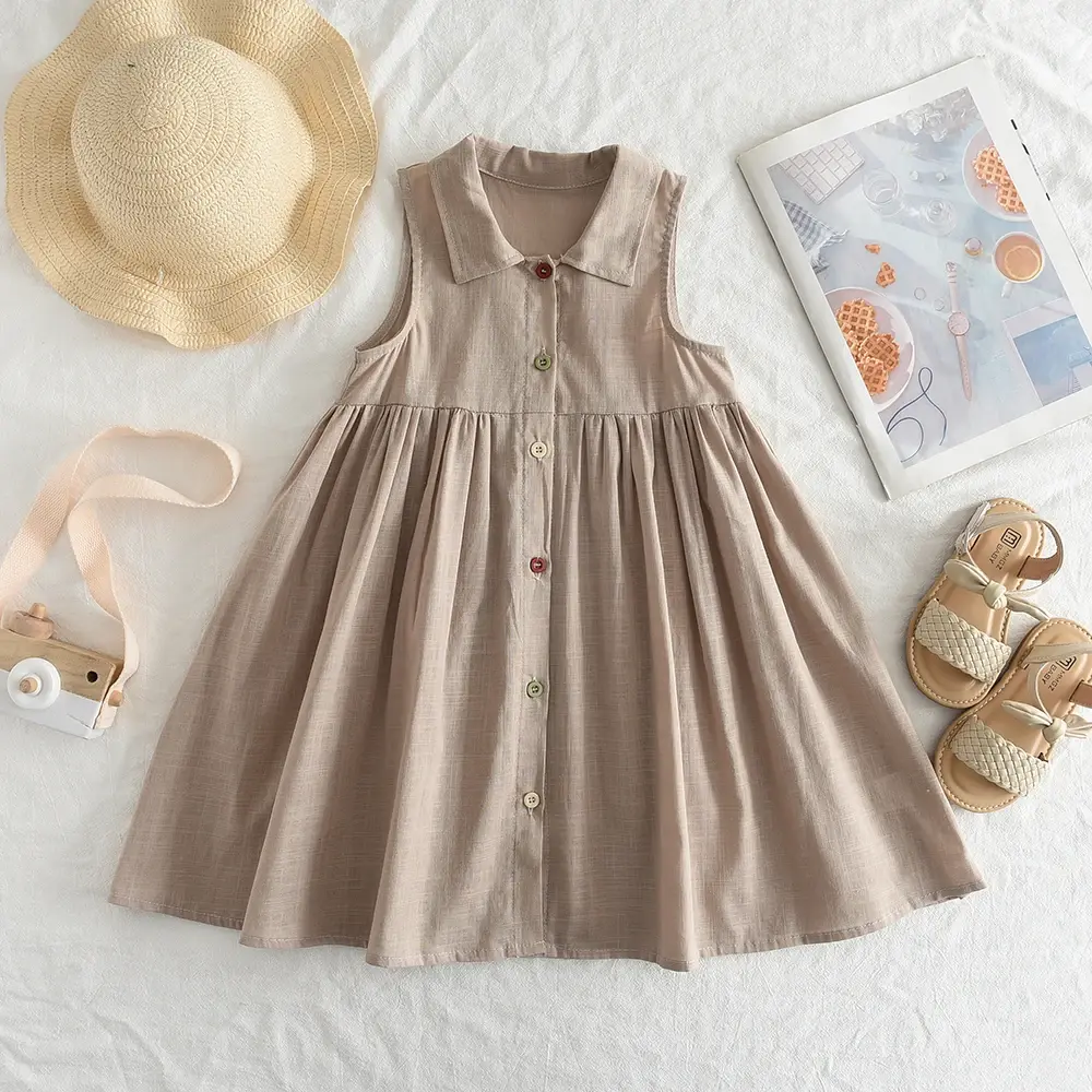 Solid Color Girls' Casual Clothes Summer New Style Lapel Single Breasted Sleeveless Princess Dress Thin Design Daily Wear