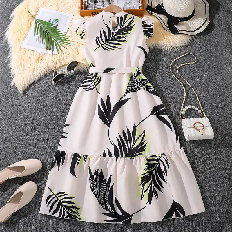 Vacation Dress Summer Sleeveless White Plants Printed A-line Dress Elegant Style Tween Girls Dress Stylish Kids Dress