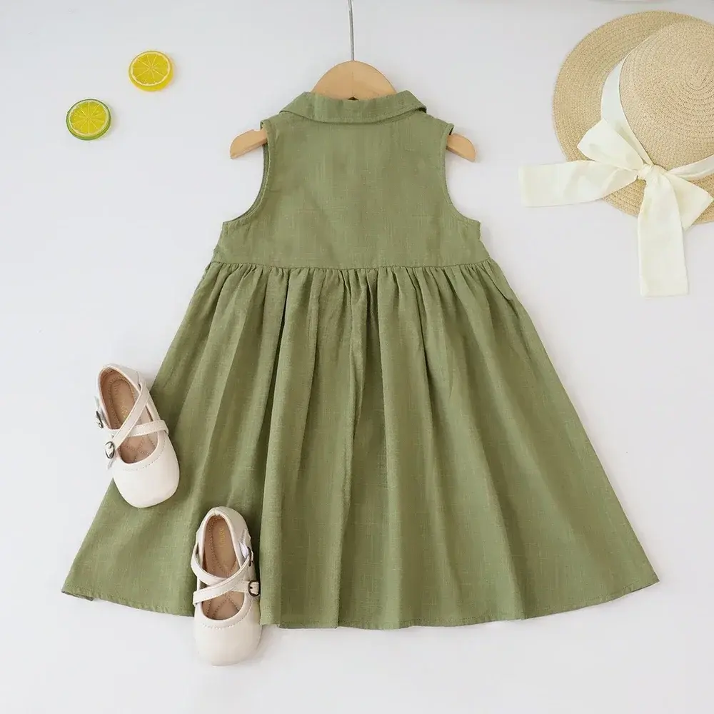 Solid Color Girls' Casual Clothes Summer New Style Lapel Single Breasted Sleeveless Princess Dress Thin Design Daily Wear