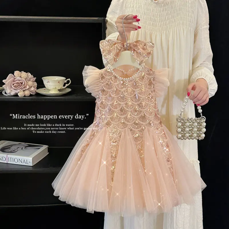 2025 New Summer Party Dresses for Girls Children's Elegant Fashion Mesh Flying Sleeves Sequined Tank Top Princess Skirt S3069