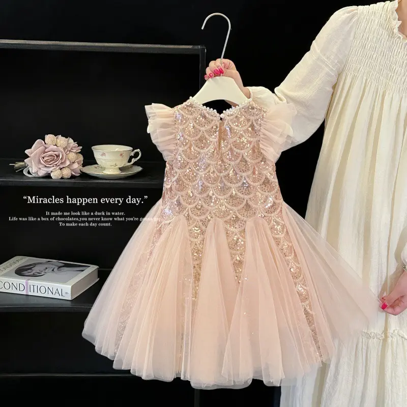 2025 New Summer Party Dresses for Girls Children's Elegant Fashion Mesh Flying Sleeves Sequined Tank Top Princess Skirt S3069