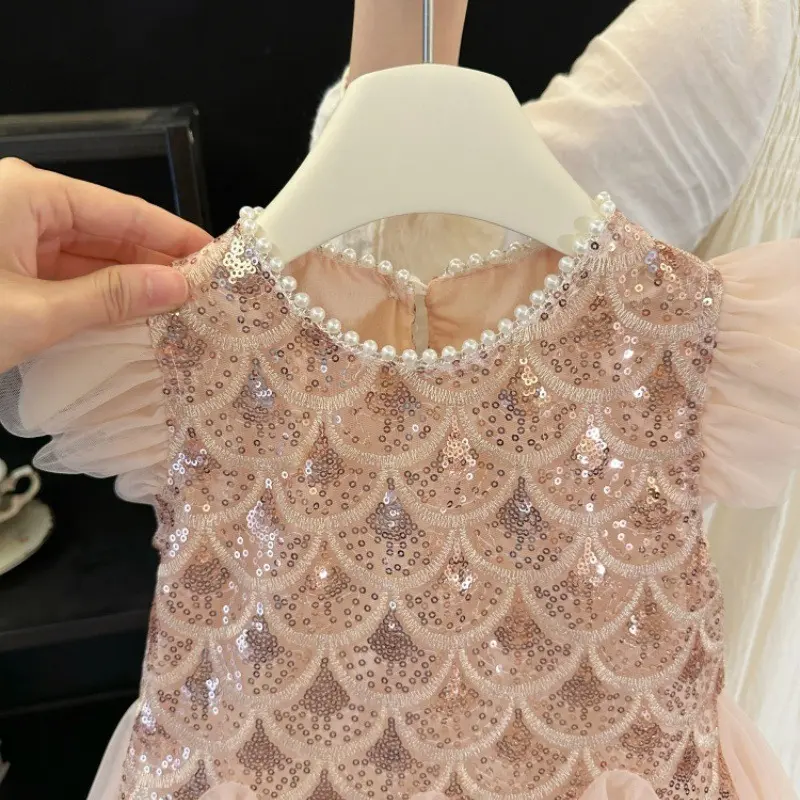 2025 New Summer Party Dresses for Girls Children's Elegant Fashion Mesh Flying Sleeves Sequined Tank Top Princess Skirt S3069