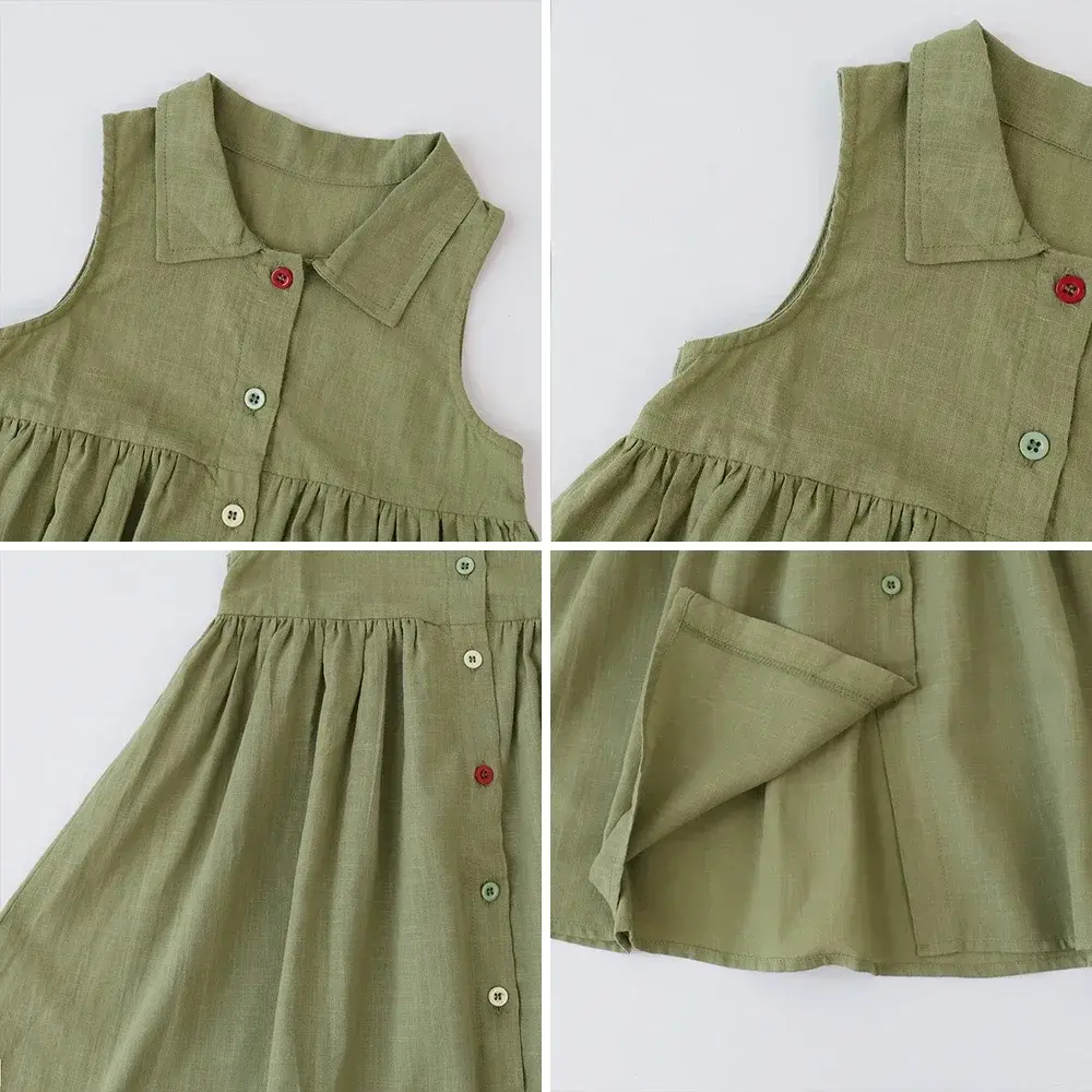 Solid Color Girls' Casual Clothes Summer New Style Lapel Single Breasted Sleeveless Princess Dress Thin Design Daily Wear