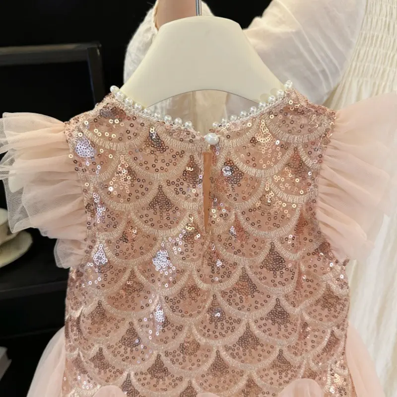 2025 New Summer Party Dresses for Girls Children's Elegant Fashion Mesh Flying Sleeves Sequined Tank Top Princess Skirt S3069