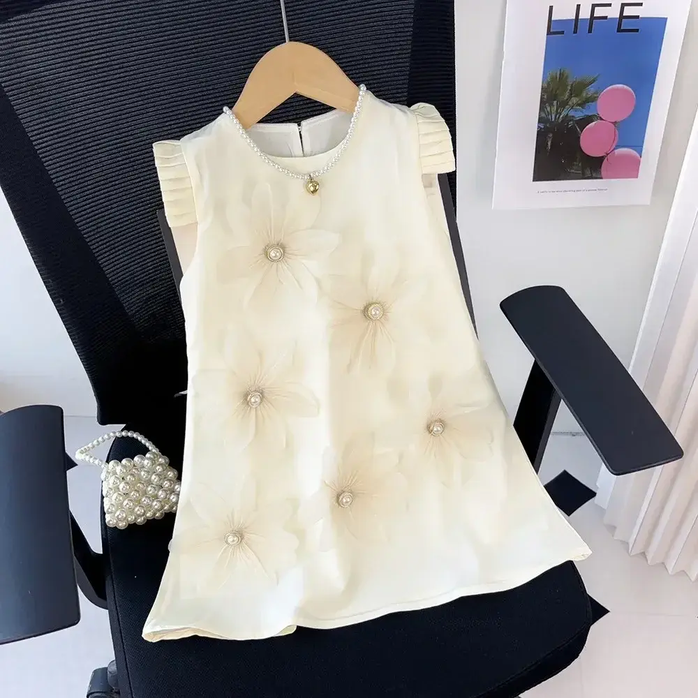 Kids Dresses for Girls 3D White Flower Princess Dress Girls' Pink Clothes Summer New Casual Vest Dress Flower Girl Dresses