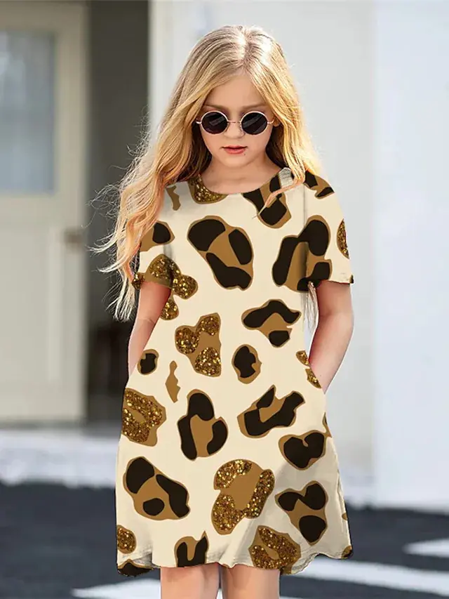 Summer print girls off-the-shoulder round neck fashion dress hot sale