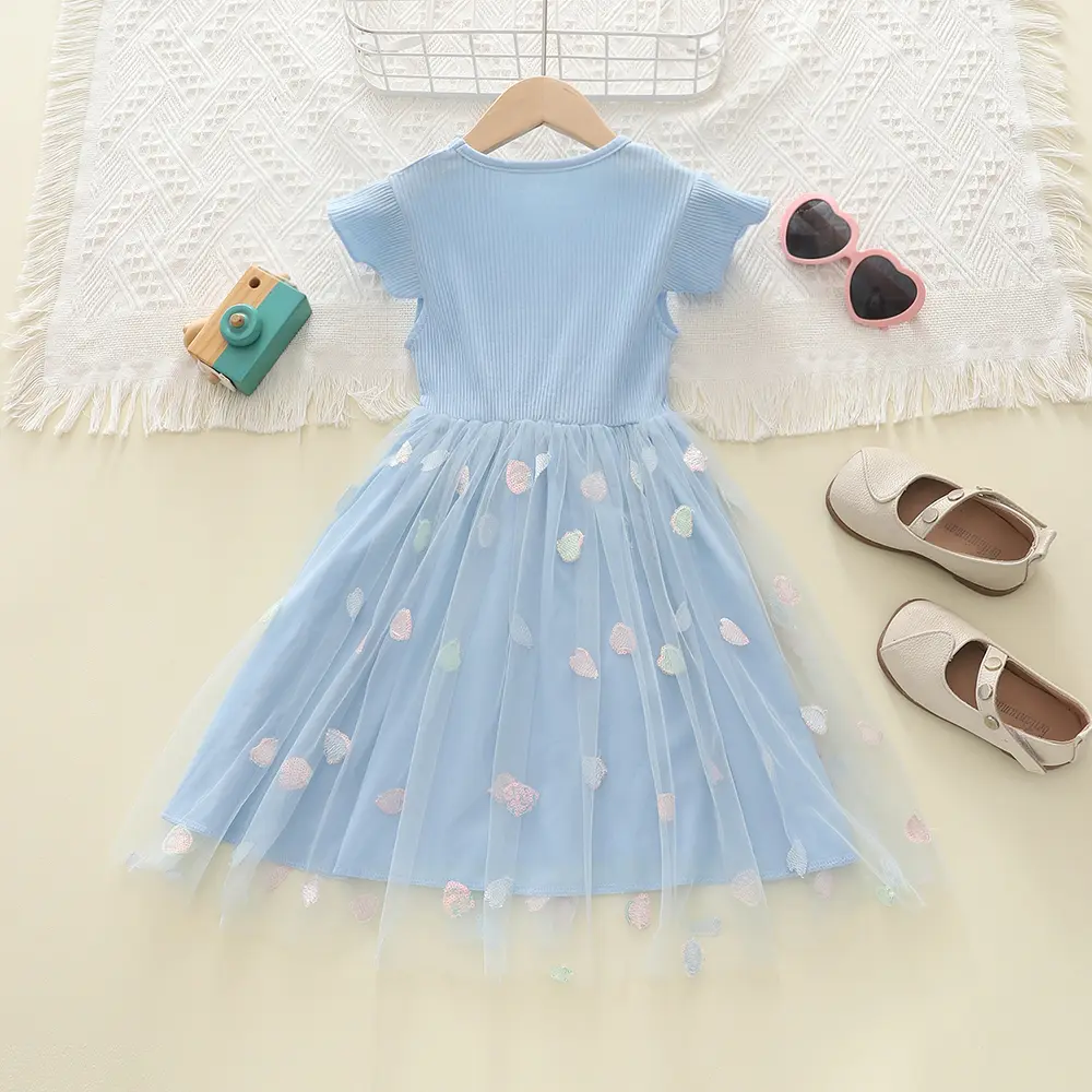 Summer Dress Pure Blue Bespangle Grenadine Casual Girls Party Dress Children Soft Clothing