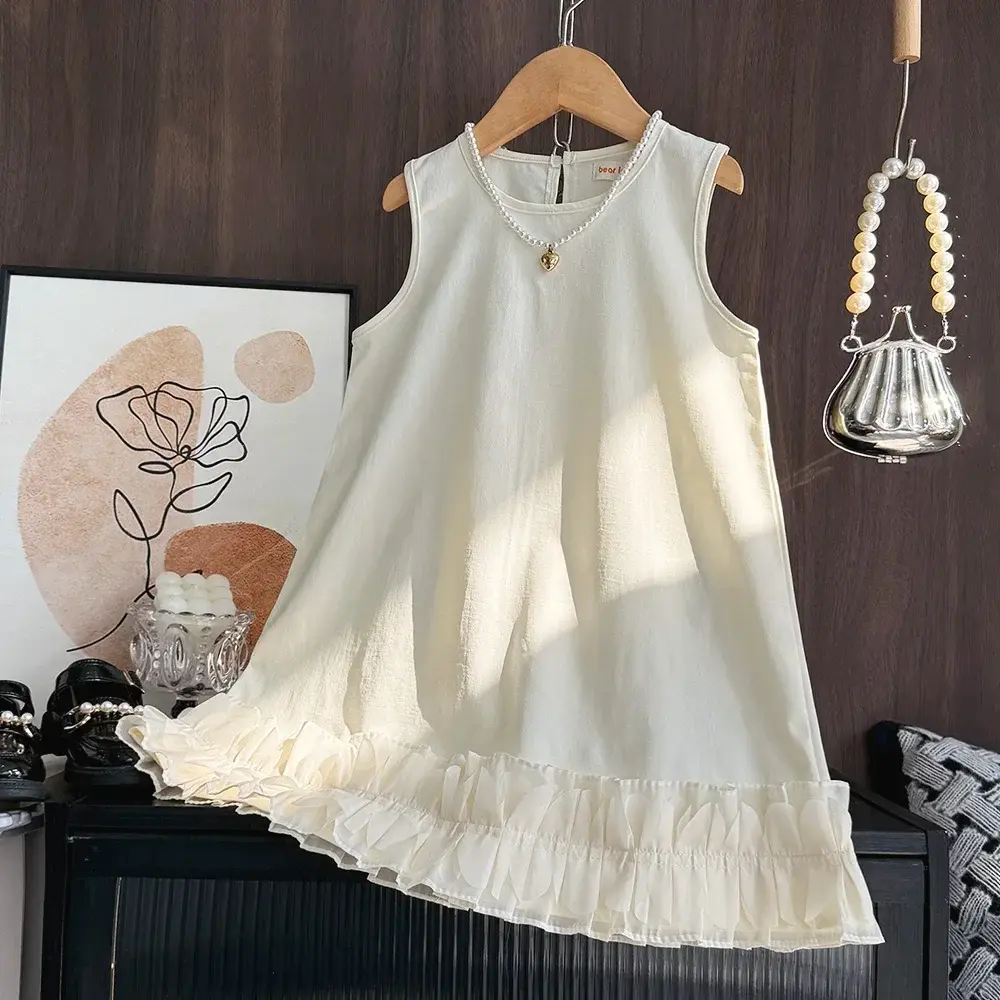 Korean Version Beige Girls' Sleeveless Dress Summer New Lace Border Children's Casual Clothes Party Ceremony for 3-7 Years Old