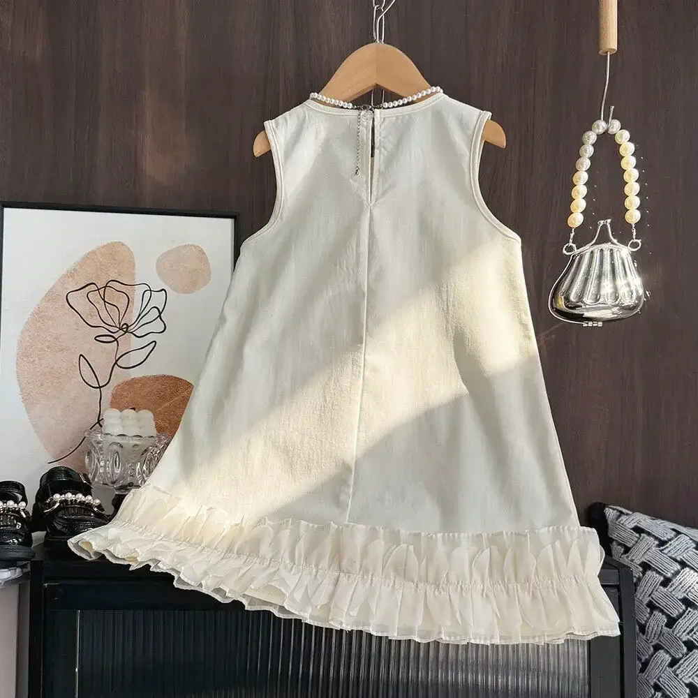 Korean Version Beige Girls' Sleeveless Dress Summer New Lace Border Children's Casual Clothes Party Ceremony for 3-7 Years Old