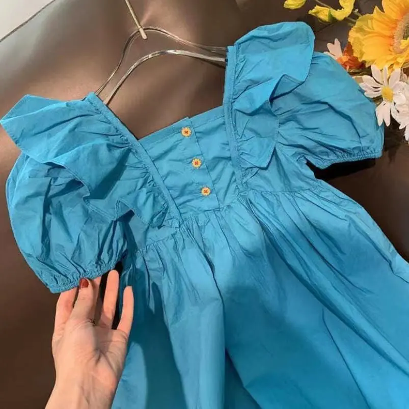Children's Dress Girl's 2024 Summer New Korean Edition Pure Cotton Bubble Sleeves Dress Children's Princess Dress 1-8Y