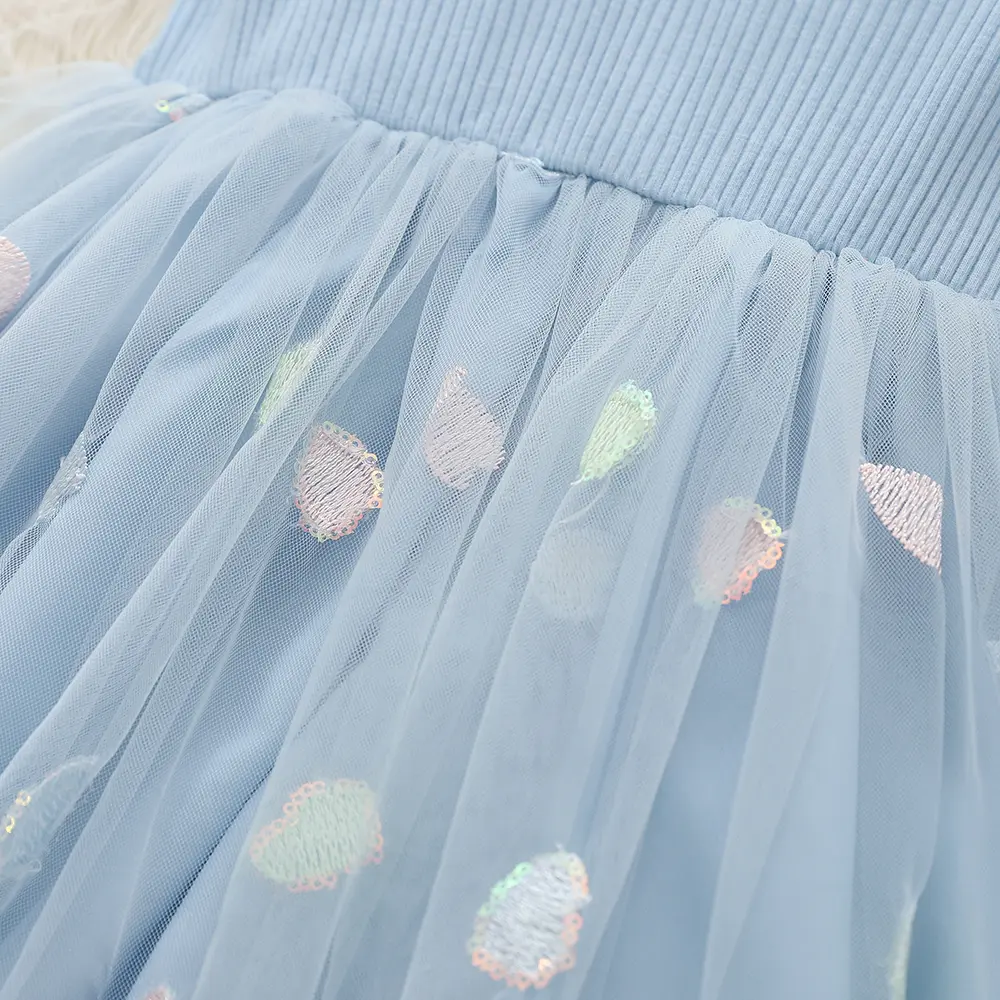 Summer Dress Pure Blue Bespangle Grenadine Casual Girls Party Dress Children Soft Clothing