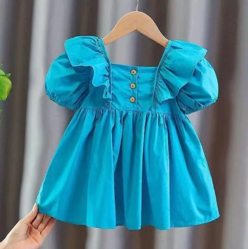 Children's Dress Girl's 2024 Summer New Korean Edition Pure Cotton Bubble Sleeves Dress Children's Princess Dress 1-8Y