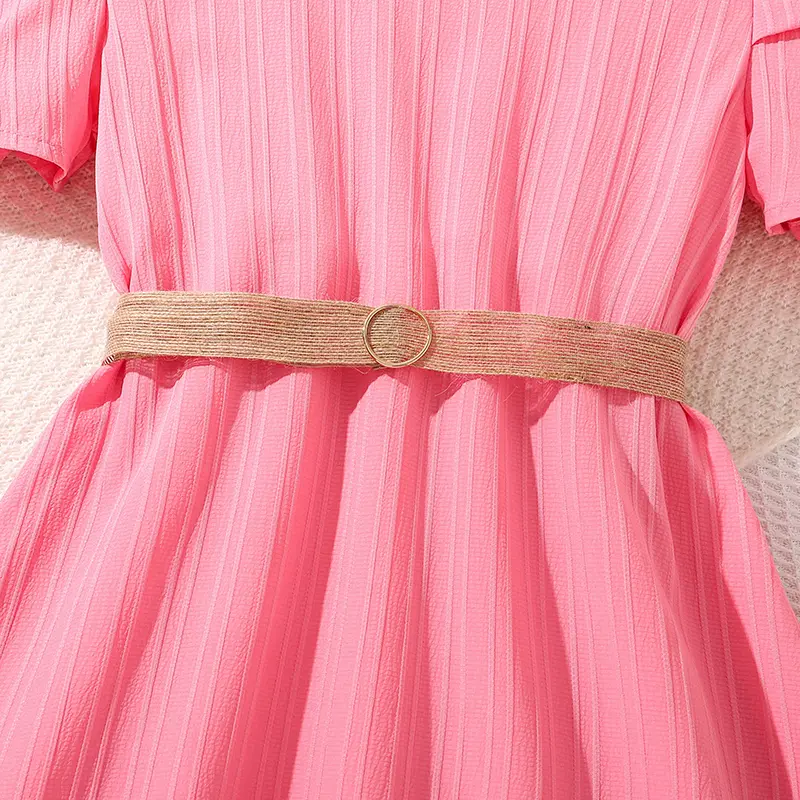 2025 Hot Sale Summer Pink Dress For Teens Girls Solid Color O-Neck Short Sleeve Frenchy Elegant Sweet Style Princess Dress