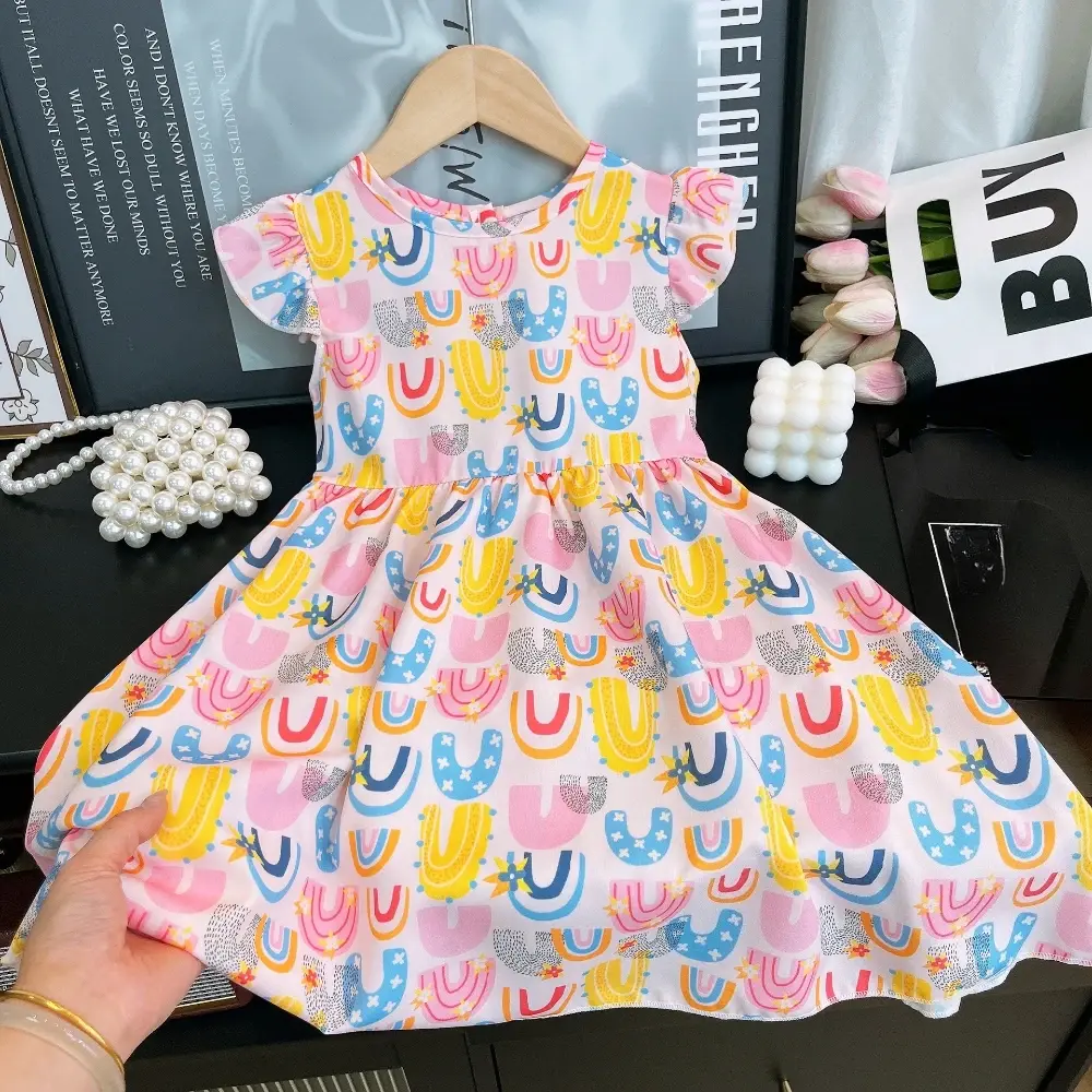 Summer Dopamine Color Scheme Girls' Casual Clothes Round Neck Sleeveless Princess Dress with Floral Love Print Sweet and Cute
