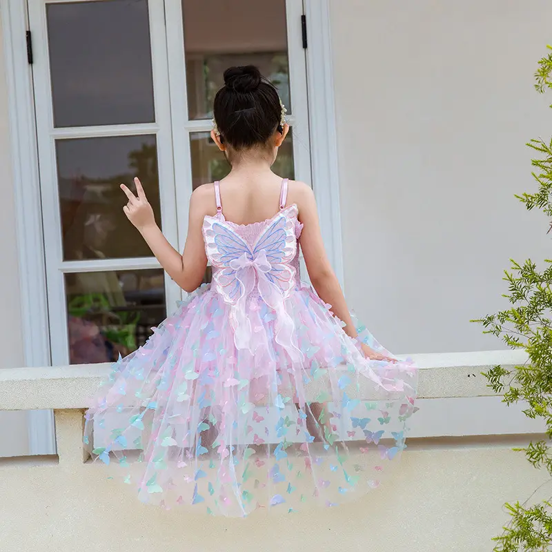 Summer pure cotton butterfly suspender dress for children, girls' dress with colorful lights, Frozen Elsa princess dress