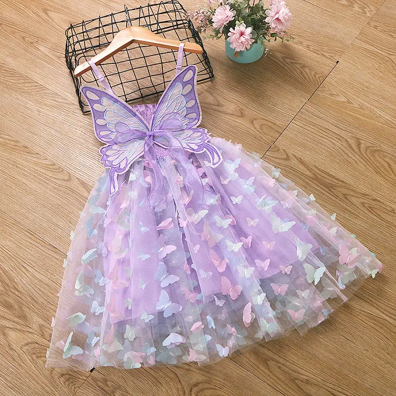 Summer pure cotton butterfly suspender dress for children, girls' dress with colorful lights, Frozen Elsa princess dress