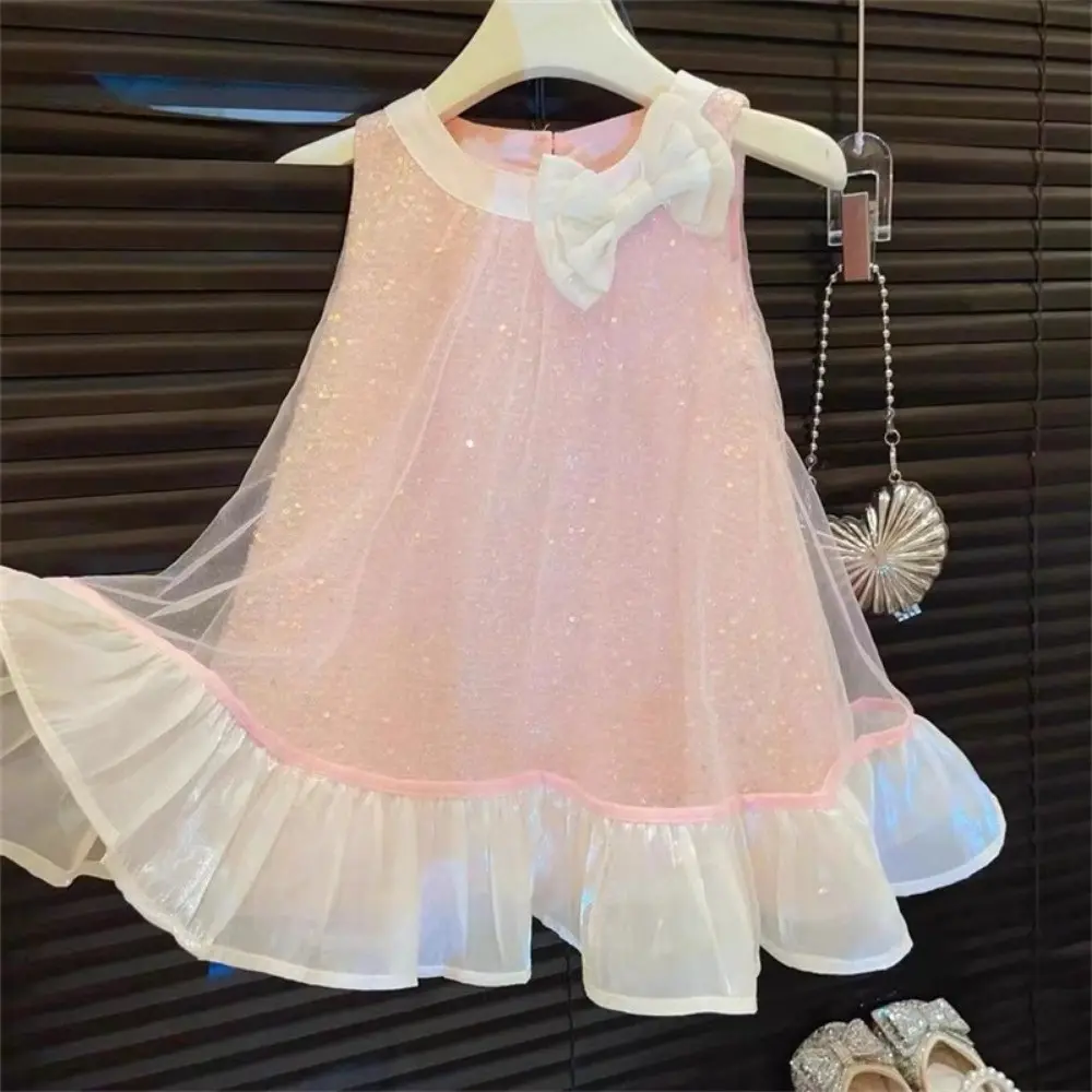 Bear Leader Korean Version Bow Sequin Mesh Princess Dress Sweet Sleeveless Round Neck Party Girl Clothes Kids Fashion Summer