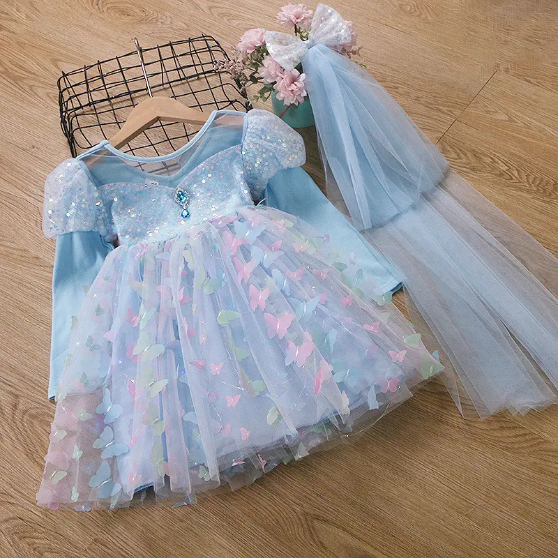 Summer pure cotton butterfly suspender dress for children, girls' dress with colorful lights, Frozen Elsa princess dress