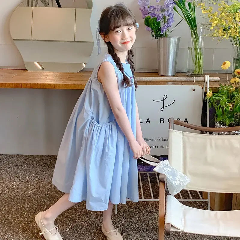 Summer Junior Girl Sleeveless Dress Solid Side Big Pockets Pure Cotton Dress For 2-10Y Girls Casual Round Collar Baby Girl Dress