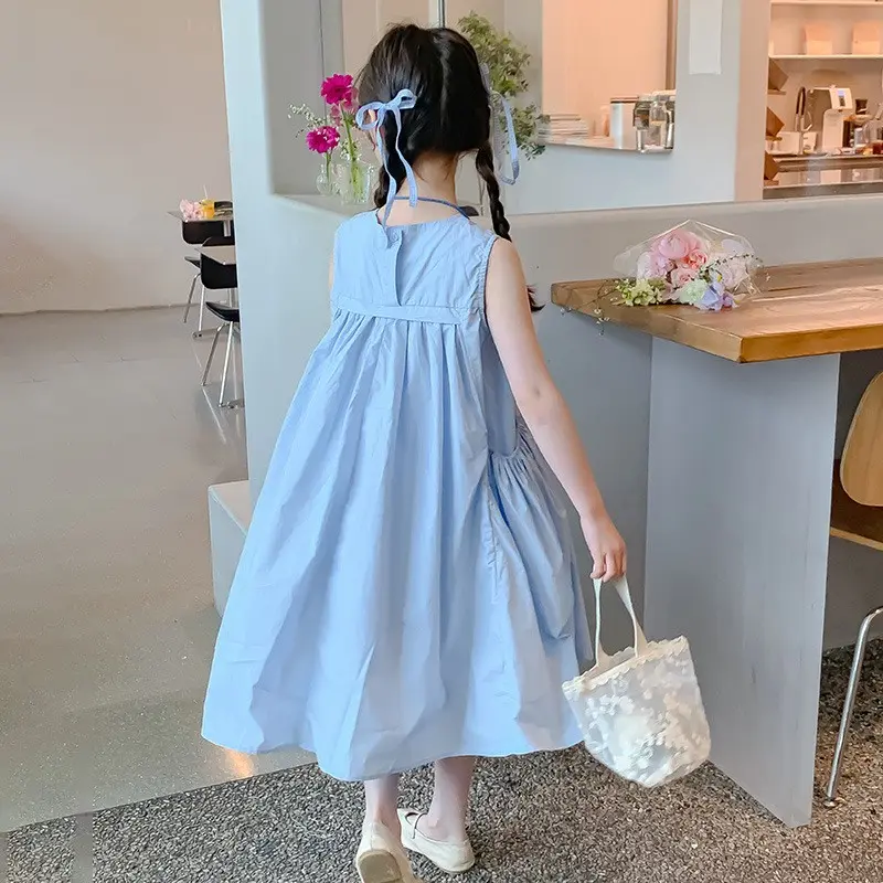 Summer Junior Girl Sleeveless Dress Solid Side Big Pockets Pure Cotton Dress For 2-10Y Girls Casual Round Collar Baby Girl Dress