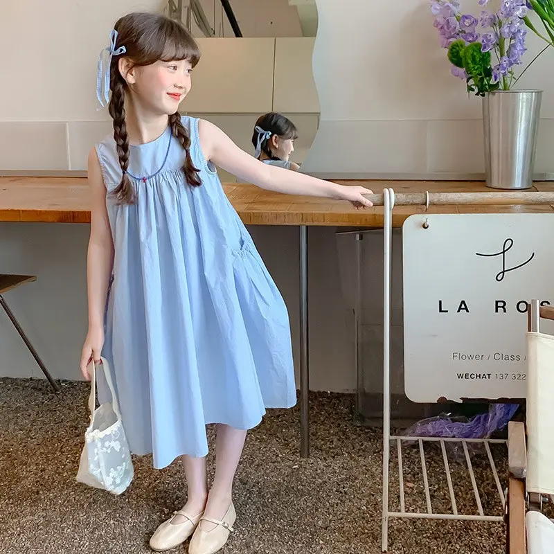 Summer Junior Girl Sleeveless Dress Solid Side Big Pockets Pure Cotton Dress For 2-10Y Girls Casual Round Collar Baby Girl Dress