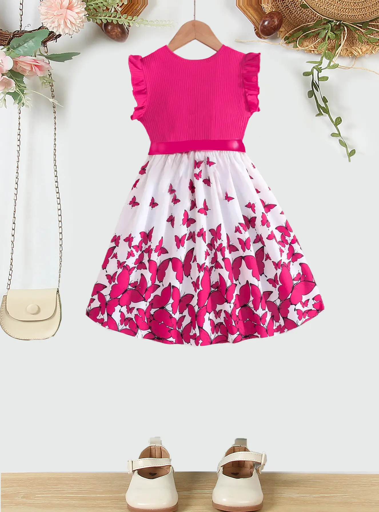 Cute Pink Lace Cuff Butterfly Pattern Dress, Detachable Belt, Add A Sense Of Fashion